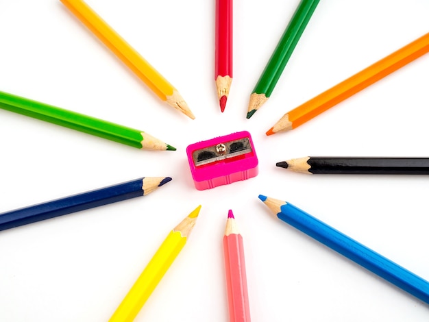 Colorful pencils on white background. Stationery