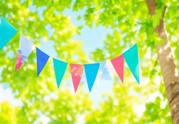 colorful pennant string decoration in green tree foliage on blue sky summer party background templa