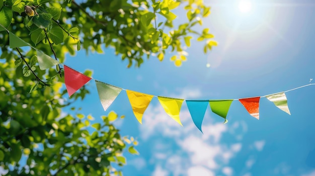 colorful pennant string decoration in green tree foliage on blue sky summer party background template banner with copy space