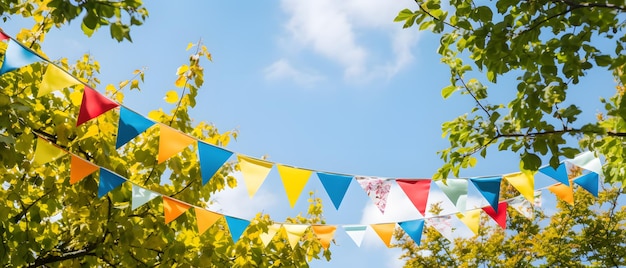 Colorful pennant string decoration in green tree