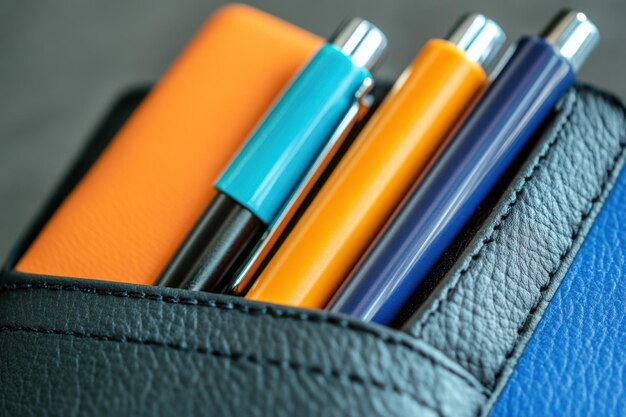 Photo colorful pens and a vibrant cardholder captured in closeup on a soft background