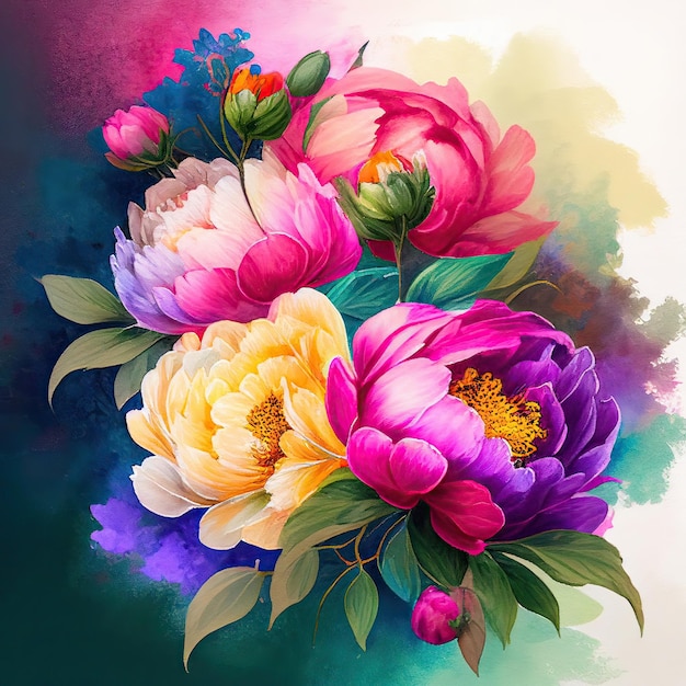 Colorful peony flowers in watercolor painting style, floral background