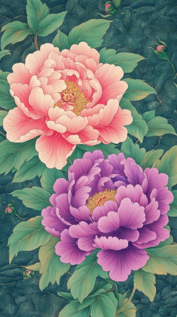 Photo a colorful peony painting featuring pink purple peonies with green leaves in the background