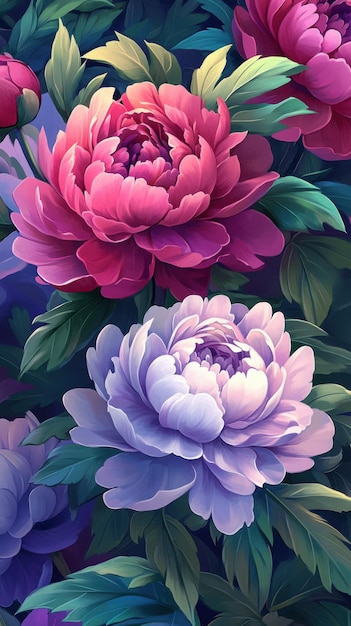 Photo a colorful peony painting featuring pink purple peonies with green leaves in the background