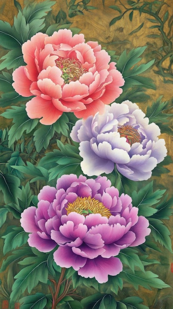 Photo a colorful peony painting featuring pink purple peonies with green leaves in the background