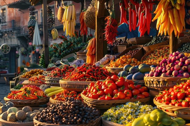 Colorful Peppers and Fresh Vegetables at Mexican Spice Market