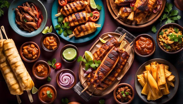 Colorful Peruvian street food scene with grilled meats and tamales