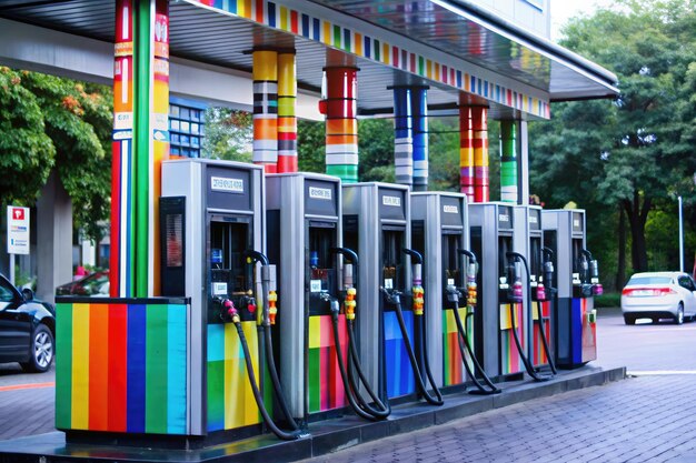 Colorful petrol gas station with standard fuel dispensers in a vibrant setting Generative AI