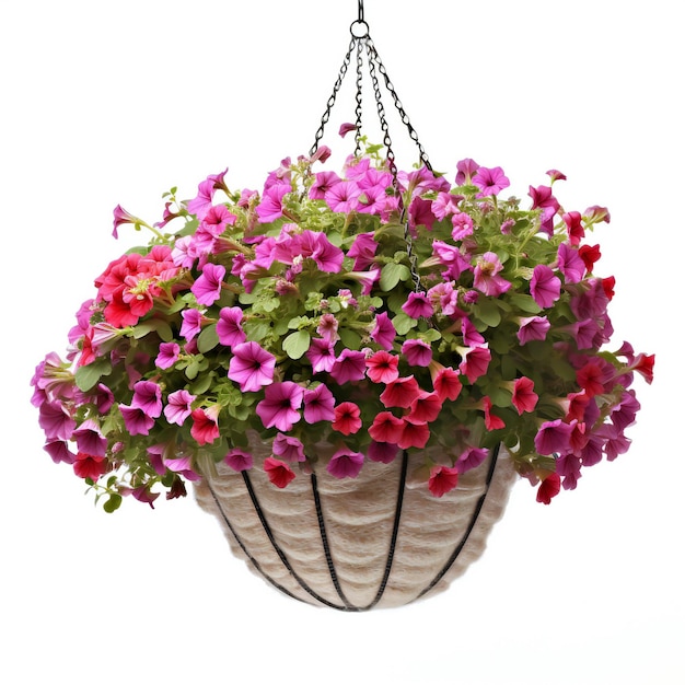 Colorful petunia flowers in hanging pot isolated on white background