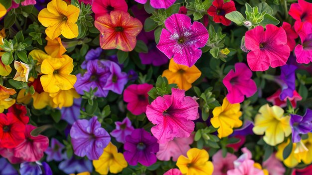 Photo colorful petunias in lush grass vibrant flower bouquet on green background