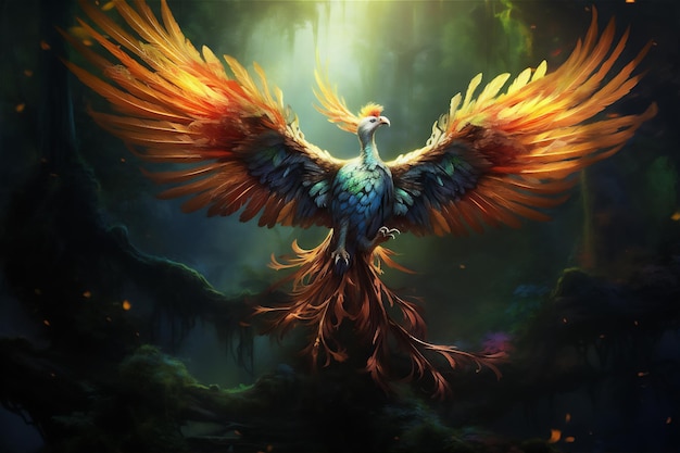 colorful phoenix in deep forest spread wings hyper realistic dramatic light