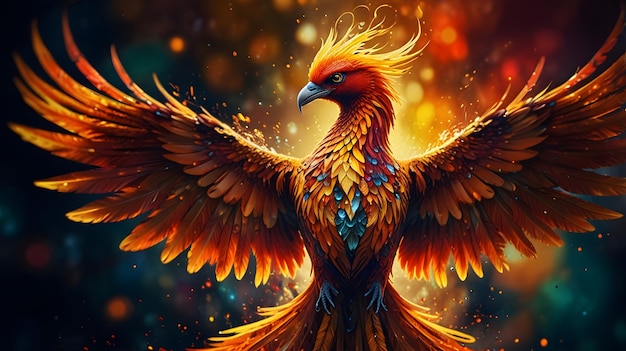 Colorful phoenix with open wings