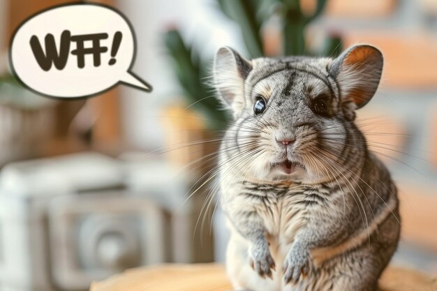 Photo colorful photograph of a confused and startled chinchilla with a speech bubble that expresses the question 39wtf39 in a creative and style