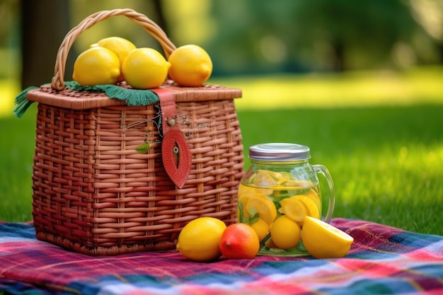 A colorful picnic basket with lemons and a lemonade jar peeking out created with generative ai