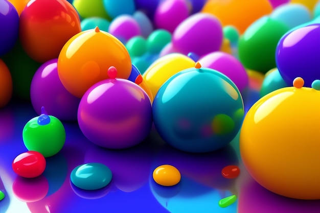 A colorful picture of balls and balls on a blue surface.