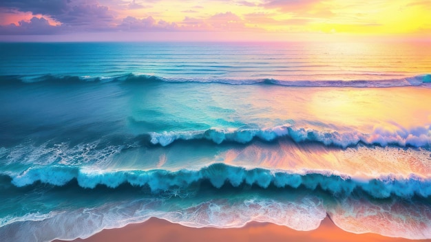 A colorful picture of a beach with waves crashing on it