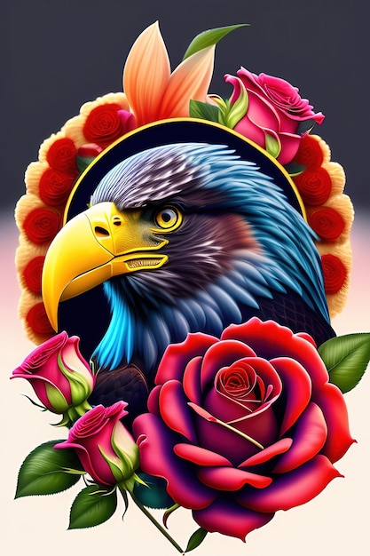 A colorful picture of a bird with a flower in the middle.