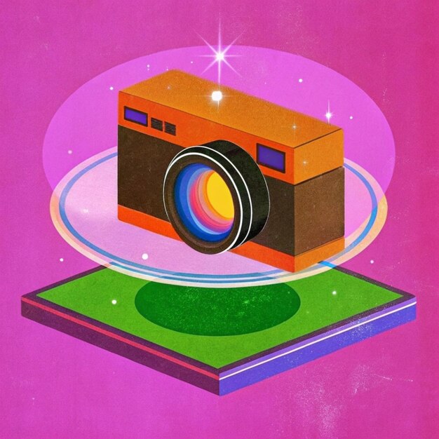 a colorful picture of a camera on a table with a pink background