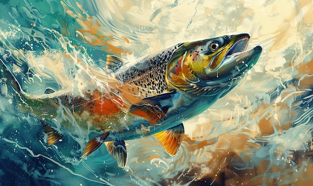 Colorful picture of chinook salmon fish swimming in a strong current of blue fresh river water