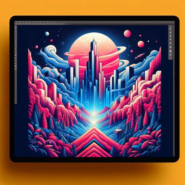 a colorful picture of a city with a space ship in the center