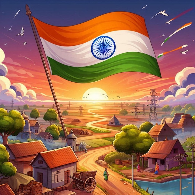 a colorful picture of a country scene with a flag and a sunset in the background