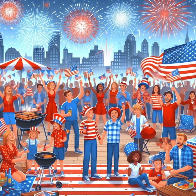 a colorful picture of a crowd of people in a crowd with fireworks in the background