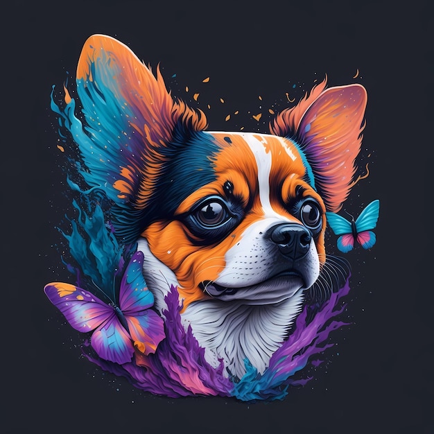 A colorful picture of a dog with a black background and a black background with a butterfly on it.