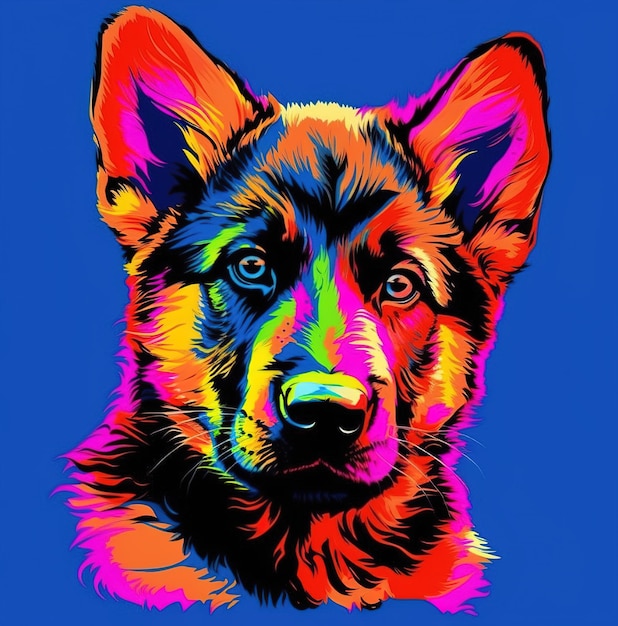 A colorful picture of a dog with a blue background