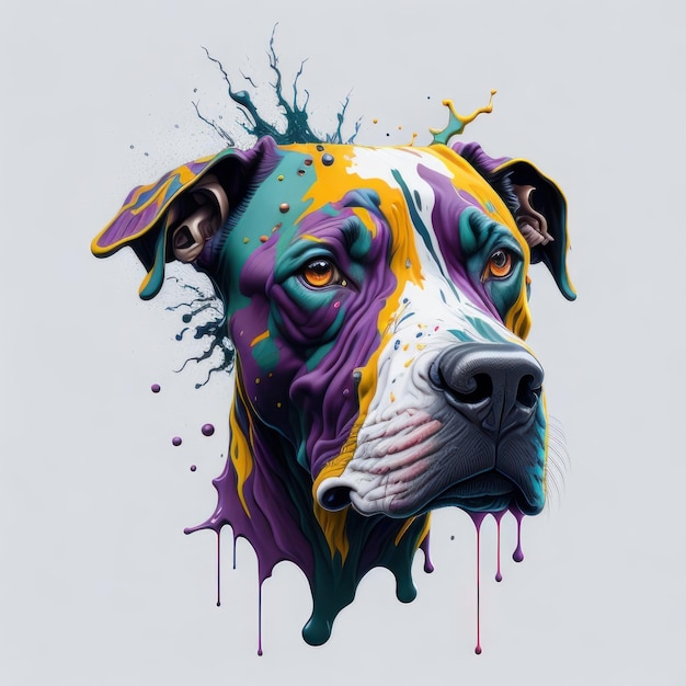 A colorful picture of a dog with purple, yellow, and purple colors.