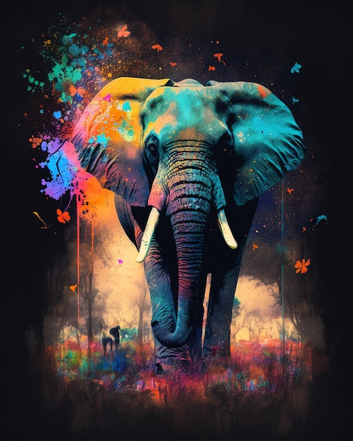 A colorful picture of an elephant with a black background.