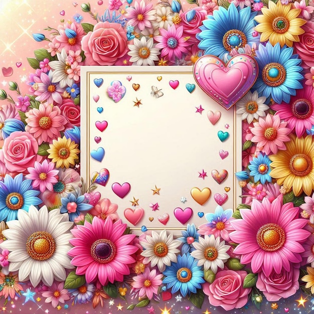 a colorful picture of flowers and a heart with a frame that says love