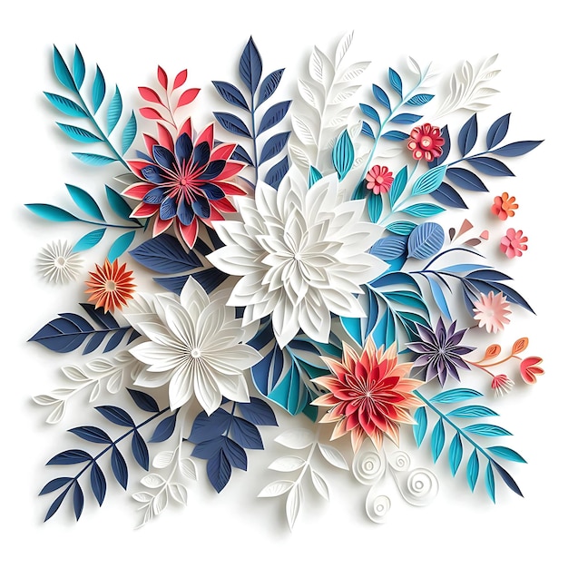 a colorful picture of flowers and leaves on a white background