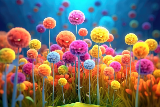 A colorful picture of flowers with a green umbrella in the background.