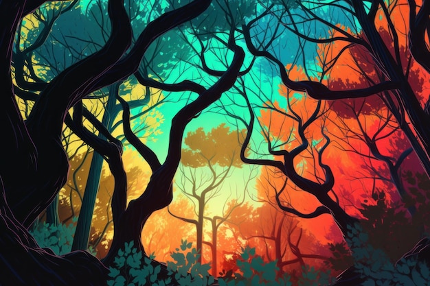 A colorful picture of a forest with trees and the sky in the background.