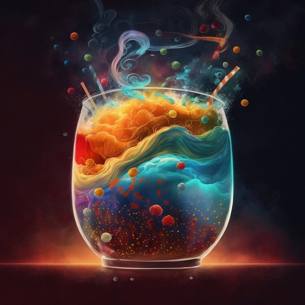 A colorful picture of a glass with a liquid inside that says " smoke ".