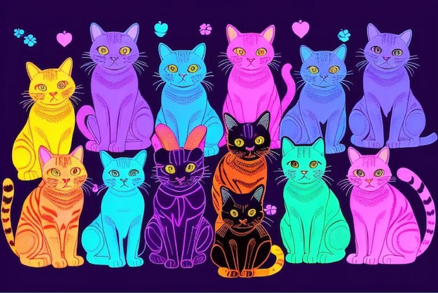 Photo a colorful picture of a group of cats with hearts on the bottom