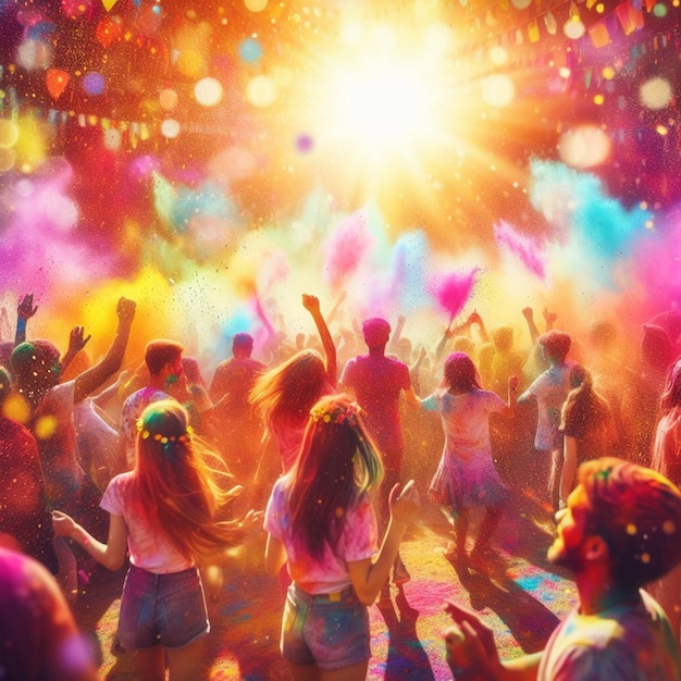 A colorful picture of a group of people with colorful hair Holi festival celebration