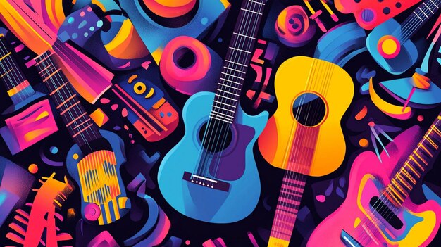 a colorful picture of a guitar with a blue and purple background