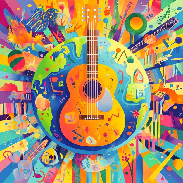 a colorful picture of a guitar and the word quot i love quot on it