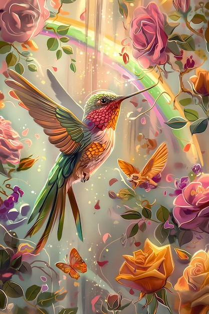 a colorful picture of a hummingbird with flowers and a bird