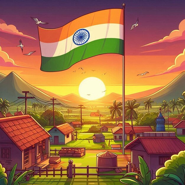 a colorful picture of India flag background a farm with a sunset in the background