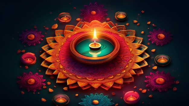 A colorful picture of a lamp and the words diwali.