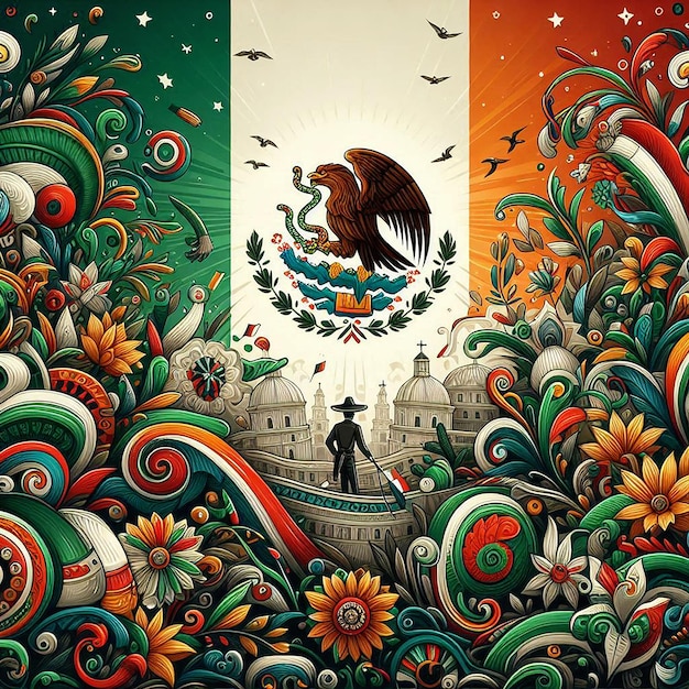 a colorful picture of a man and a eagle with a flag in the background