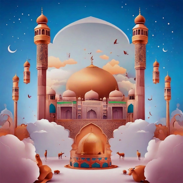 a colorful picture of a mosque with a blue background with a place called a mosque