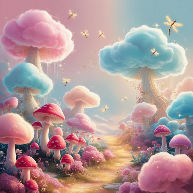 a colorful picture of mushrooms and a rainbow