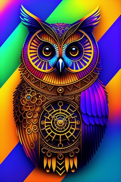 A colorful picture of a owl with the time of 12