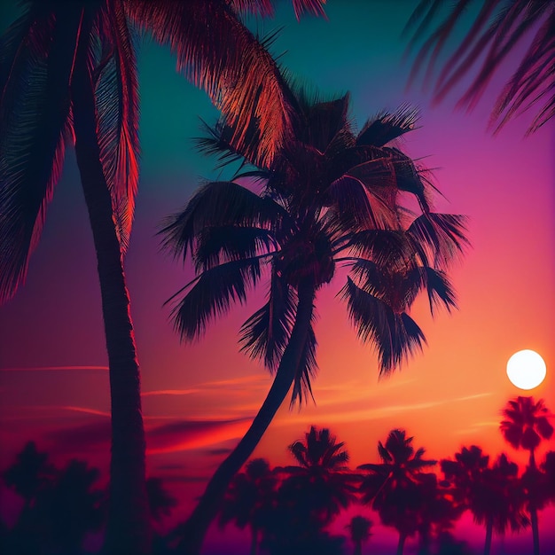 A colorful picture of palm trees with the sun setting behind them.