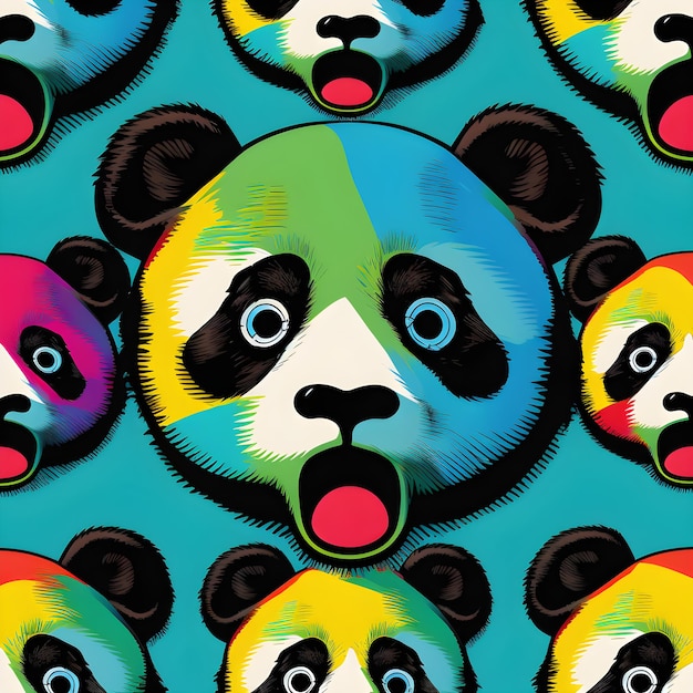 A colorful picture of a panda with a blue background.