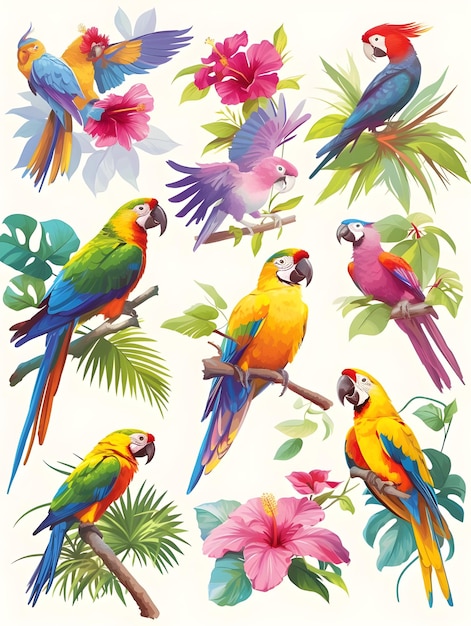 Photo a colorful picture of parrots and flowers