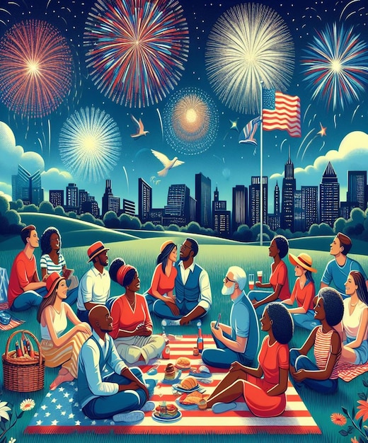 a colorful picture of people in a park with fireworks in the sky